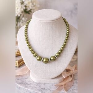 Olive Green Pearl Necklace Rhinestone Spacer Statement Classic Elegant Jewelry